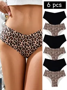 Women's Seamless Breathable Leopard Print Underwear Set, Soft Comfortable Casual Innerwear, 6-Pack Plain Pattern, All Seasons