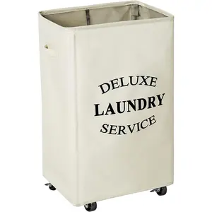 WOWLIVE Large Rolling Laundry Basket Wheels 90L Collapsible Tall Laundry Hamper Handle Foldable Dirty Clothing Basket Fold up Rectangular Hampers for Laundry Dorm Room (Beige) WOWLIVE