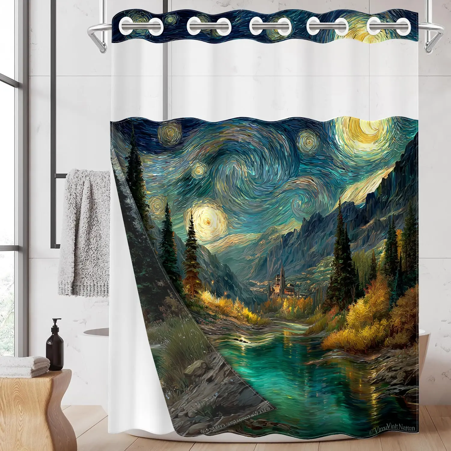 1pc hookless Decorative Aesthetic Shower Curtain with snap fastener, Van Gogh Starry Night Landscape 2D Printing, Shower Curtain Liner, fabric waterproof inner lining with transparent window double-layer, 71 x 74 inches, modern decor, Bathroom Curtain