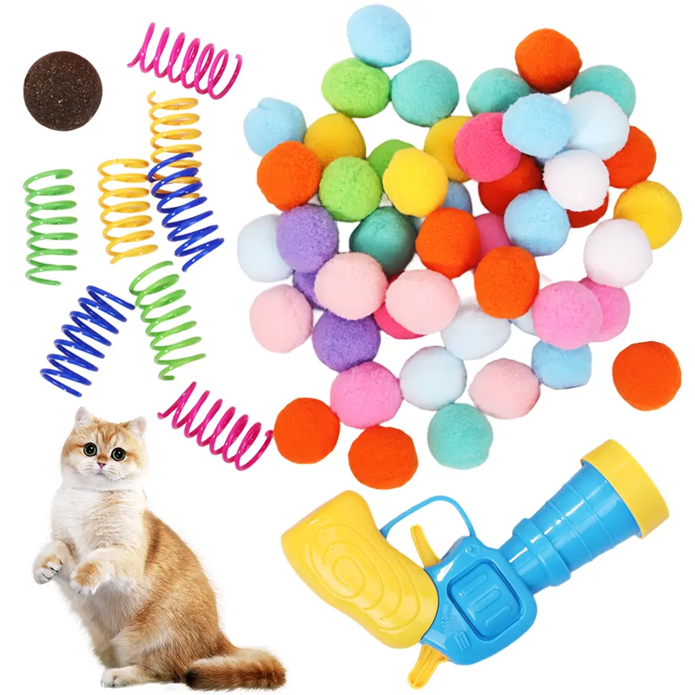 60pcs Lightweight Interactive Cat Toy Set with Launcher - No Battery Required, Textile Pompoms, Energy Release, Behavior Enhancement, Safe and Reliable Indoor Sewing Craft Kit Pet Accessory, Stimulates Senses, Interactive Toy, Enhances Behavior Exercise