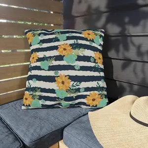 Girly Stripes and Yellow Flowers Outdoor Pillows, Patio Pillow