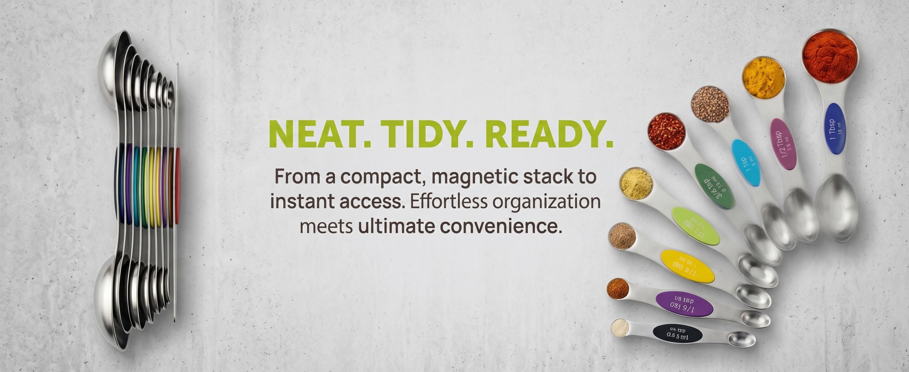 Colorful Magnetic Measuring Spoons (9-Piece) – Stackable Double Sided Stainless Steel Set with Leveler, Modern Kitchen Gadgets for Precise Baking