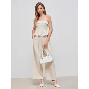 Cider [size 2-10] Strapless Solid Ruffle Tube Top & Mid Rise Pleated Pocket Wide Leg Trousers Set SwimWeek