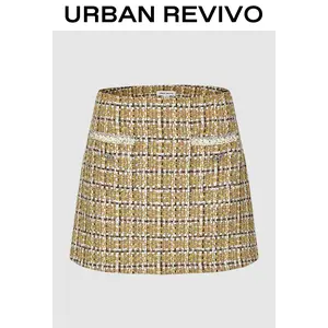 URBAN REVIVO Lady's Preppy Tweed Blend A-Line Mini Skirt - Short Length, Elegant Flattering Fit, Casual Women's Bottom, Style UYL550112
