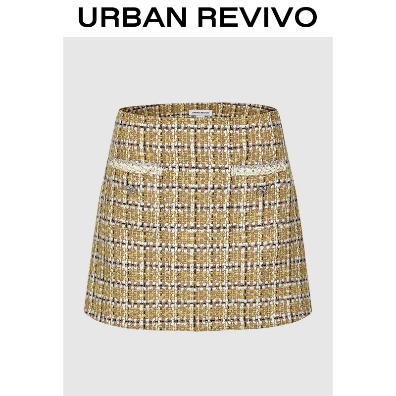 URBAN REVIVO Women's Preppy Checkered Print Mini Skirt | Flattering A-Line Tweed Blend for Casual Wear, Plaid, Bottom, Elegance, Fit, Style, Classic