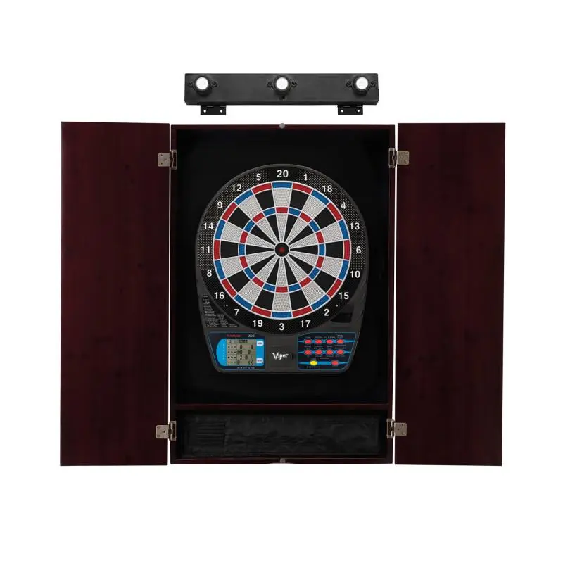 Electronic Dartboard Set with Mahogany Finish Pine Cabinet, Regulation 15.5" Board, Overhead Light, Backlit LCD Scoreboard, AA Battery Powered, Aa Batteries, Regulation Size, Rec Room
