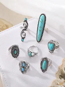 7-Piece Ring Set, Turquoise Stone Sunflower Design, Elegant Casual Women's Jewelry Rings, Perfect Gift, High-Quality Party Rings