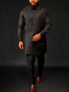 Men's Embroidered Long Sleeve Two-Piece Suit Set, Classic Traditional Clothing Ensemble, Formal Wear, Stylish Elegant Design, Perfect for Special Occasions