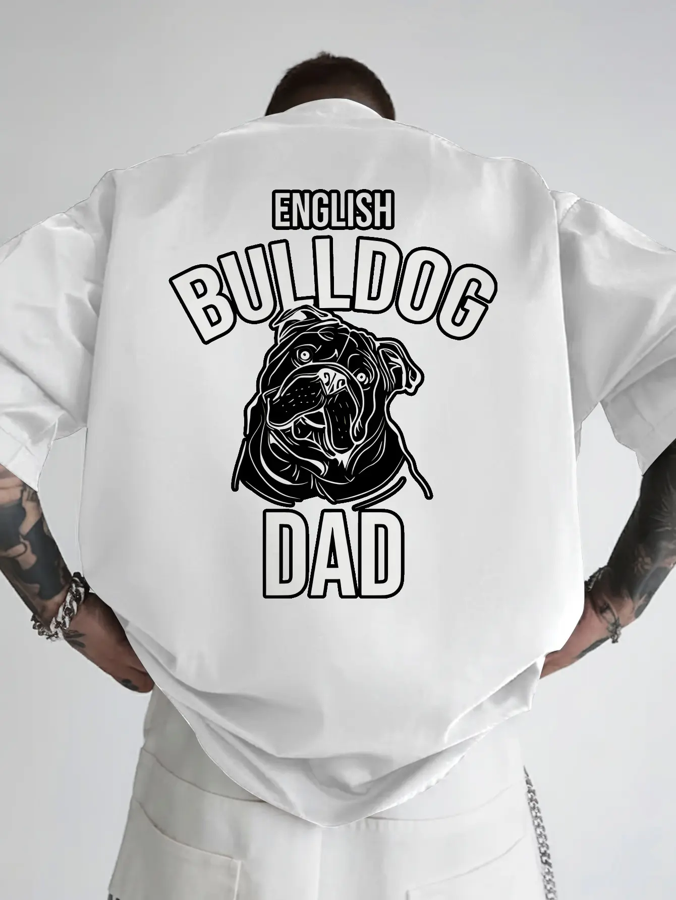 Men's Bulldog & English Bulldog Print T-Shirt - Bulldog Face & Back Print, Casual Round Neck Short Sleeve Summer Shirt, Bulldog Breed Apparel for Casual Attire & Dog Lovers, Machine Washable Comfortable Casual Wear for Bulldog Owners