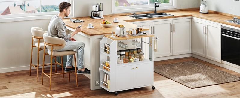 DWVO Kitchen Storage Cart with Power Outlets & Storage Shelves, Kitchen Trolley with Doors