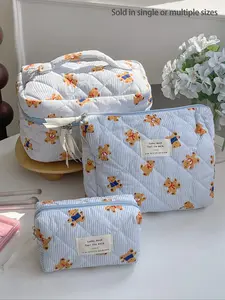 Blue Bear Design Quilted Cosmetic Bag, Makeup Organizer Pouch, Cosmetics Bag, Versatile Travel & Daily Use, Floral Pattern, Large Capacity, Perfect for Gifts & Festivals, Travel Cosmetic Bags