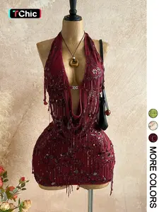 2 Halter Sequin Fringe Crop Top Mini Skirt Set Women | Mesh Sheer Two Piece Outfit | Y2K Party Nightclub Rave Wear