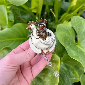 Funny Cowboy Raccoon Riding Goose Badge Reel: Novelty ID Holder