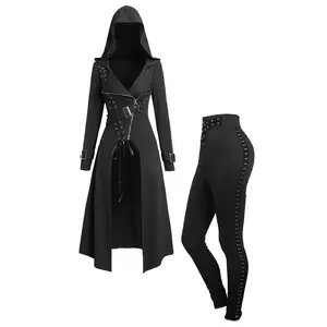Punk Gothic Hooded Coat and Buckle Grommet Waist Long Pants Outfit Overcoat Trench Longline Outwear and Black Pants Suits