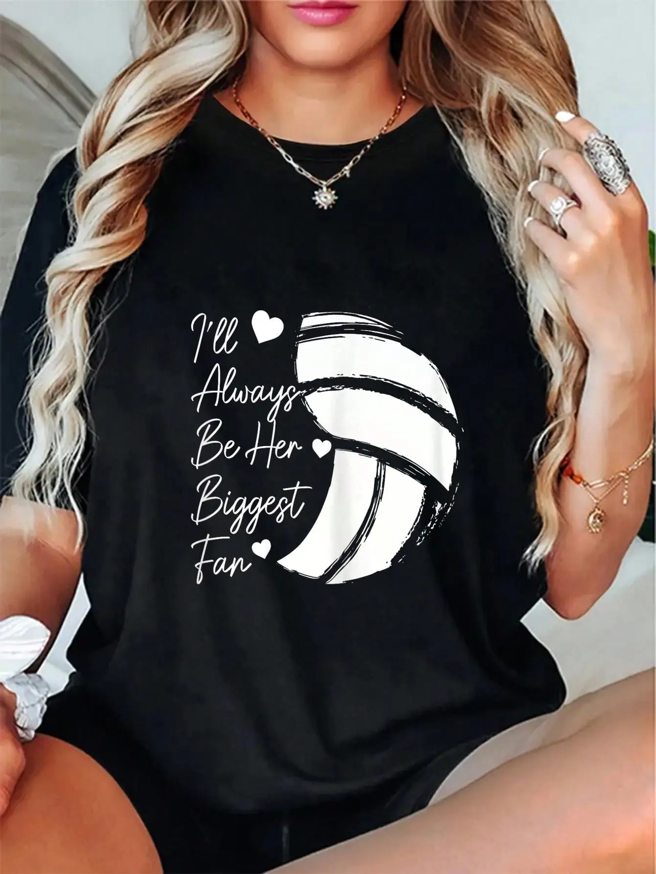 Women's Vintage Graphic T-shirt, Volleyball Mom 100% Cotton Casual Shortsleeve Top with Round Neck for an Everyday Lady, Tshirt