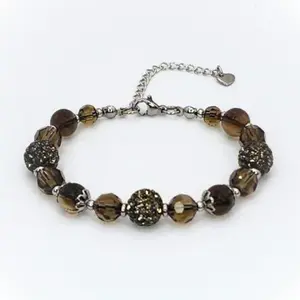 FIMENESS SMOKY QUARTZ HANDMADE BRACELET NATURAL STONE, FACETED GLASS AND RHINESTONE POLYMER CLAY BEADS COMBINATION, STAINLESS STEEL, NON-TARNISH CRYSTAL JEWELRY