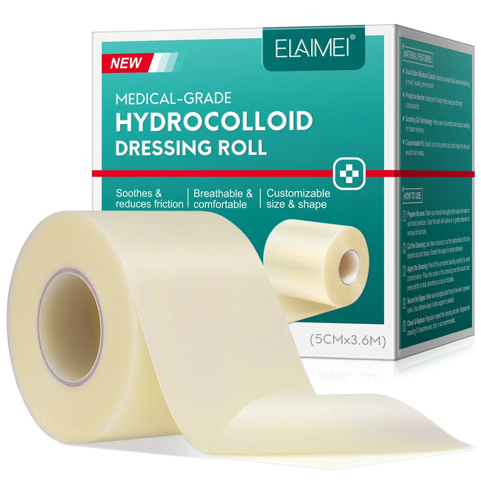 ELAIMEI Hydrocolloid Dressing Roll (2 inches x 11.8 feet), ultra-soft, breathable, and skin-friendly design; waterproof and sweat-resistant; can be cut into hydrocolloid patches, invisible acne patches, or heel callus dressings; high-quality skin dressing