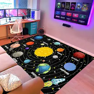 Kids Detailed Solar System Flannel Area Rug - Black Planet Orbit Print with Earth, Jupiter & Sun Labels, Non-Slip Space Learning Rug for Playroom #DetailedSolarSystemRug #PlanetOrbitMat #KidsSpaceDecor #SolarSystemLearningCarpet #NonSlipSpaceRug