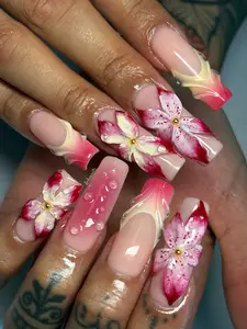(MTO) Handcrafted Wearable Nail Art Red Pink Flower Fashion Hand Accessories
