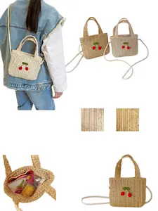 Women's Beach Vacation Style Woven Straw Bag, Cute Cherry Shoulder Crossbody Phone Bag, Large Capacity Dual Color Options