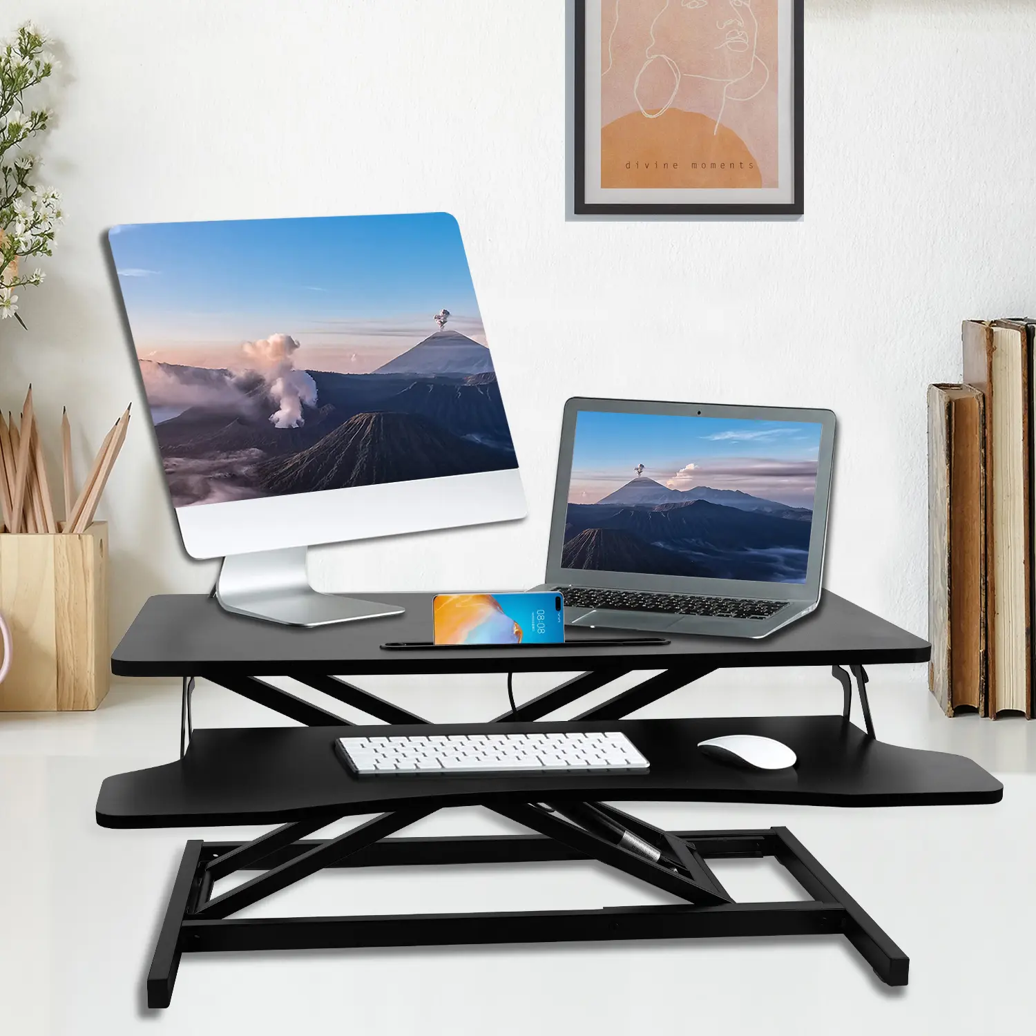 WGCTEK 32-in Ergonomic Home Office Standing Desk Converter with Adjustable Height & Keyboard Tray, Black Versatile Workstation for Enhanced Posture & Productivity