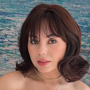 Mabel-WIGYY Brown Auburn Bob Wig for Women – 14 Inch Short Curly Lace Front Synthetic Wig with Bangs, Glueless Realistic Scalp, Heat-Resistant, Daily Use