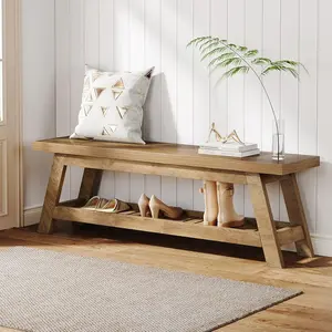 Tribesigns 55" Wood Bench With Shoe Storage for Entryway, 2-Tier Narrow Hallway Seating With Shelves Tribesigns 55" Wood Bench With Shoe Storage for Entryway, 2-Tier Narrow Hallway Seating With Shelves