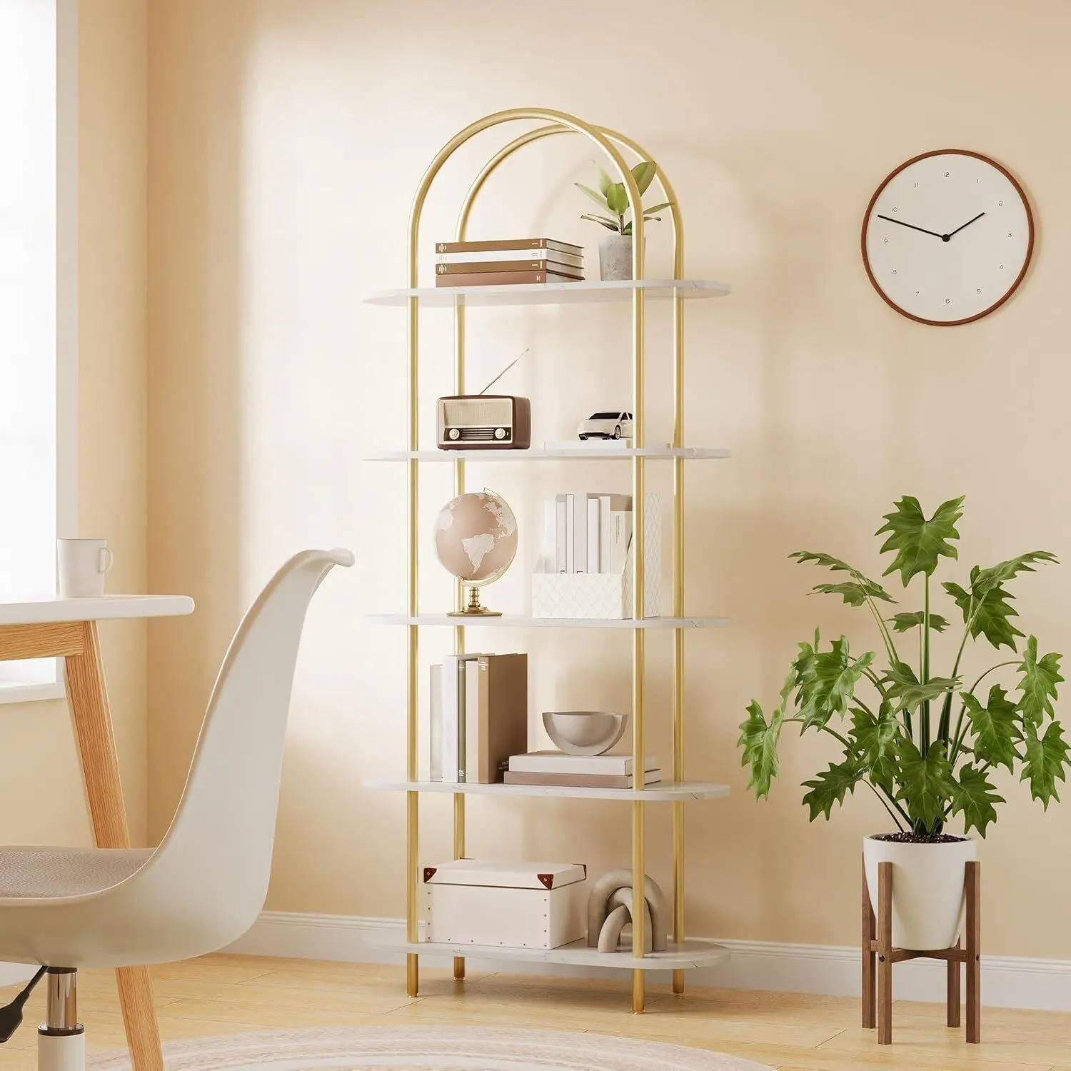 5-Tier Industrial Bookshelf, 71 Inch Tall Metal Arch Bookcase with Open Adjustable Shelves, for Living Room and Home Office,Gold and White