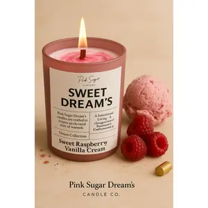Pink Sugar Dream's Sweet Dreams Candle - Raspberry & Vanilla Cream Scented 10 oz Natural Wax Wooden Wick for Bedtime & Self-Care
