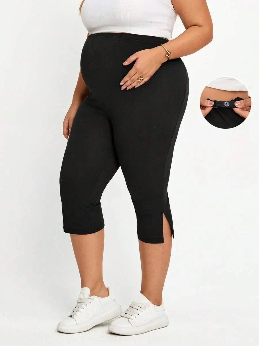 [FREE SHIPPING] Plus-Size Maternity Black Adjustable Waist Casual Versatile Everyday Capri Pants For Summer