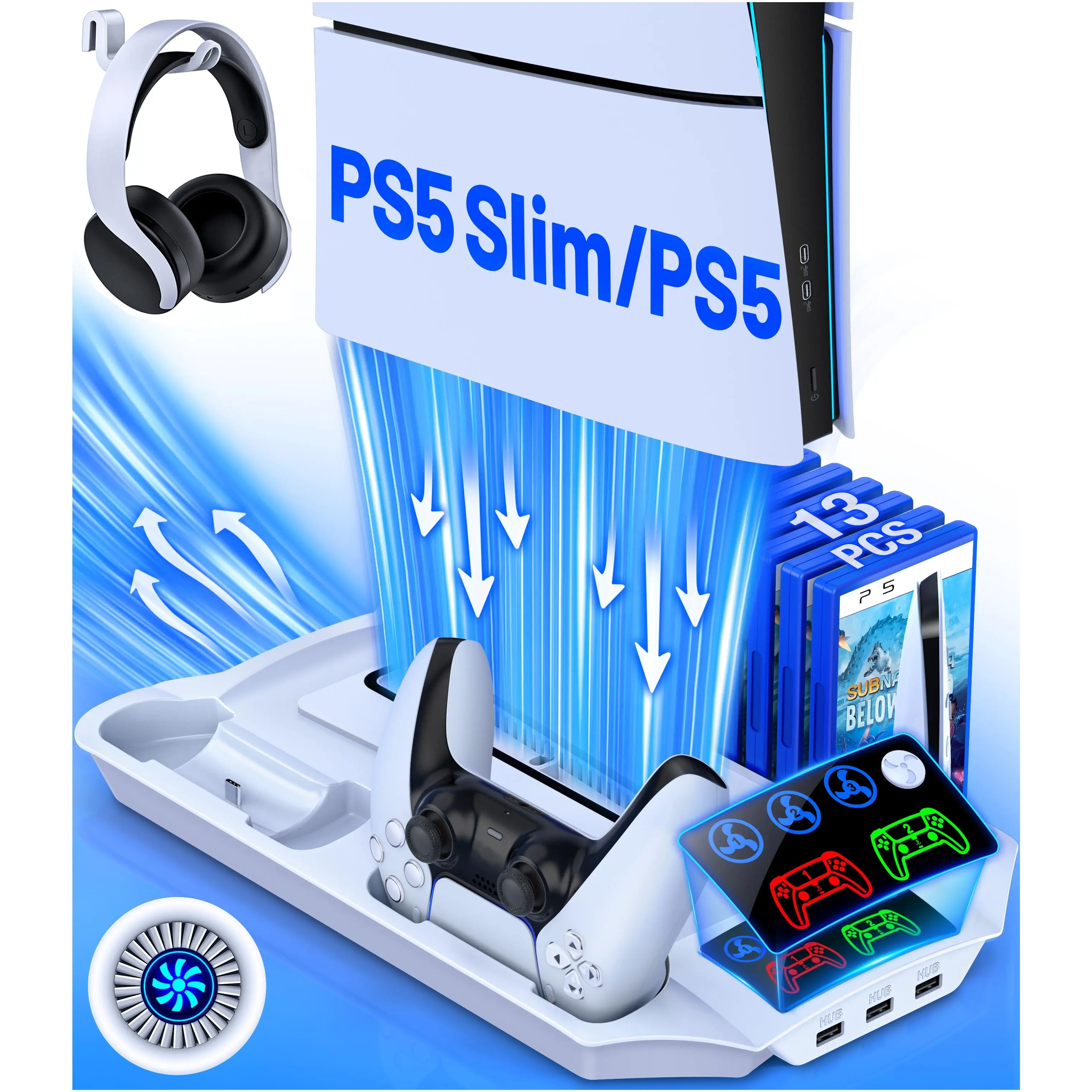 ESYWEN PS5 Slim Cooling Fan Station Dual Charging Dock for PlayStation 5 Controller with 3-Speed Fan, 3 USB Ports, Remote Storage, 13 Game Card Slots, and Silicone Pads