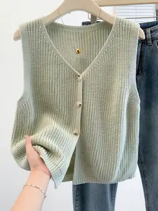 Women's V-Neck Button Front Sweater Vest Spring Summer Casual Cute Loose Fit Fashion Knitted Top, Women Summer Tops