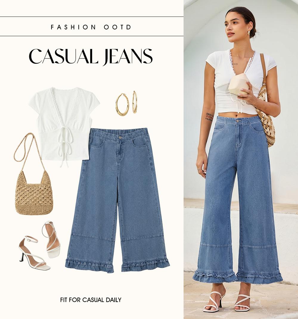 EVALESS Womens Oversize Wide Leg Jeans 2026 Trendy Cotton 100% Mid-Rise Cropped Baggy Jeans Loose Fit Cute Ruffle Hem Trouser Denim Pants 2026 Trendy Womenswear