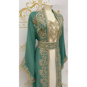 Fancy Kaftan Abaya 3 Pcs. Leaves Embellished Embroidery & Silver Beads