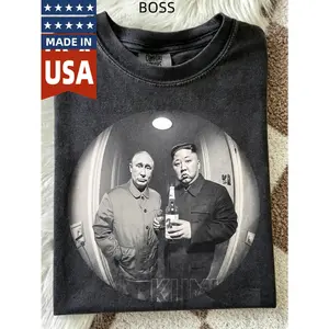 Men's Cotton Knit Relaxed Fit Shortsleeve Round Neck Soft Top - Menswear Political Satire Meme Tee with Putin & Kim Jong Un Print, 90s Vintage Bootleg Rap Acid Wash Casual Streetwear Gift for Him