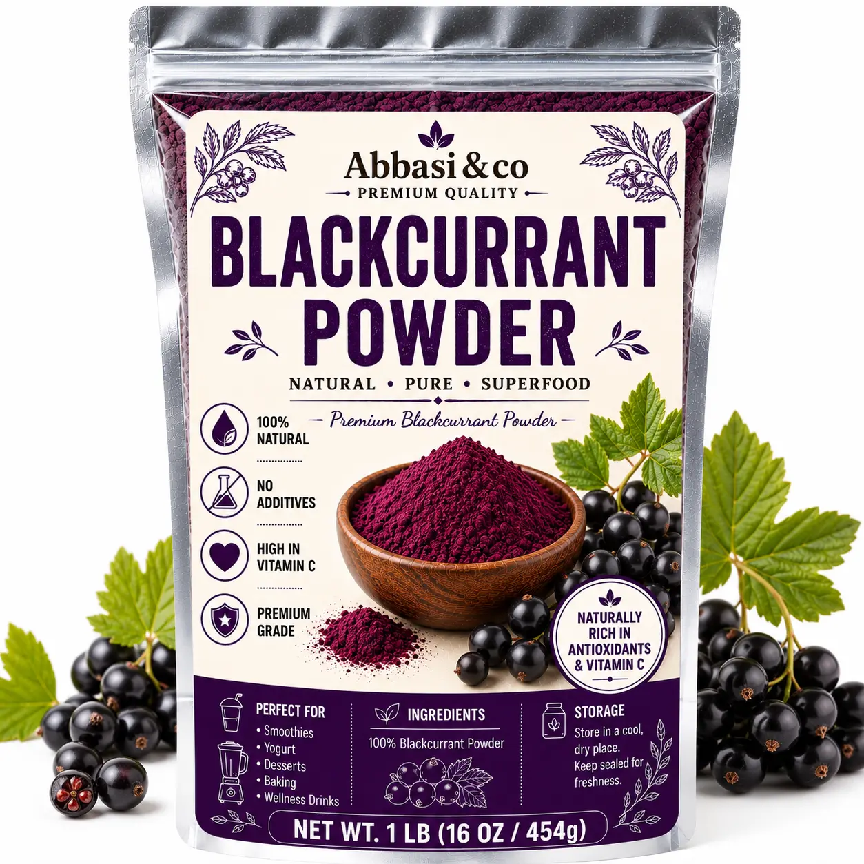 Blackcurrant Powder Natural Pure Superfood High in Vitamin C Premium Grade No Additives Natural Whole Fruit, Freeze-Dried & Powdered