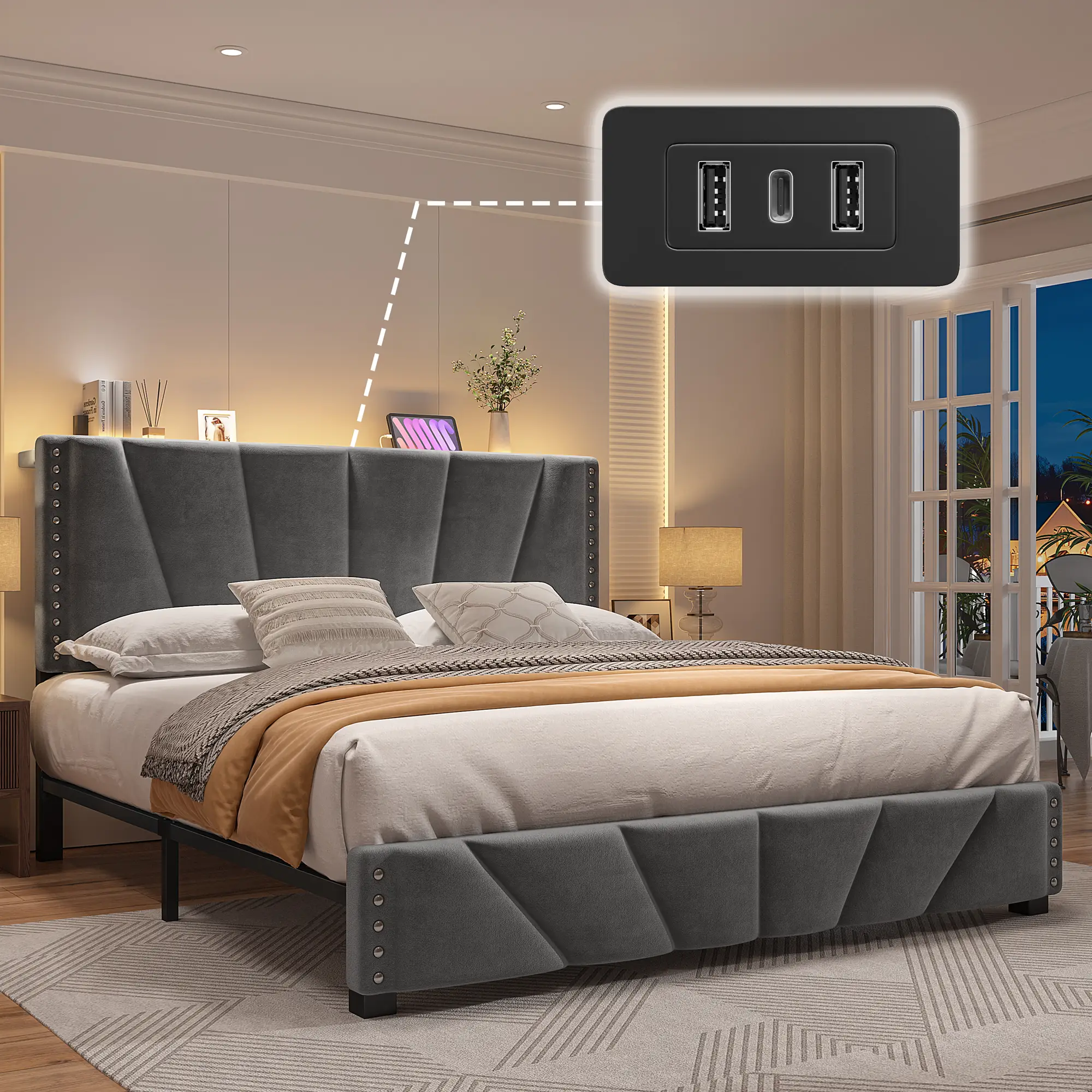 Raybee Furniture Bed Frame King Size with LED lIghts & Charging Station, Upholstered Queen Bed Frame with Shelves, Luxury Bedframe, Bedroom FurnitureN