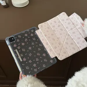 Korean Simple Floral iPad Case, Soft Acrylic Protective Cover for iPad 11th Gen, Cute Air 7/6 with Pen Slot, Anti-Bend Design