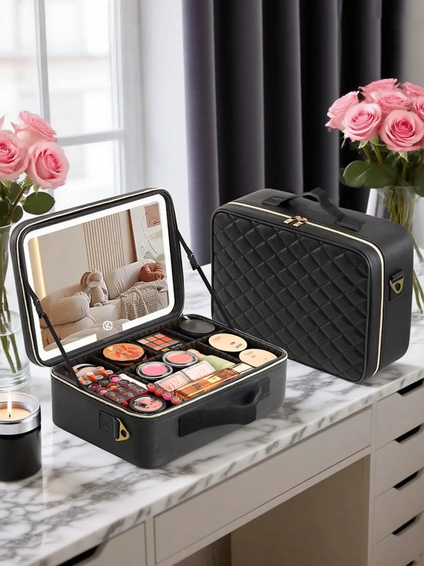 Travel Makeup Bag With Mirror, Travel Beauty Bag, Large Capacity Cosmetic Storage Box For Shoulder And Suitcase, LED Light Mirror,31*24*12cm,Makeup Organizer - TikTok Shop Travel Makeup Bag With Mirror, Travel Beauty Bag, Large Capacity Cosmetic Storage Box For Shoulder And Suitcase, LED Light Mirror,31*24*12cm,Makeup Organizer - TikTok Shop