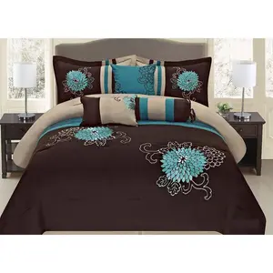 7 Pc Brown, Teal and Taupe Floral Striped Design Comforter set