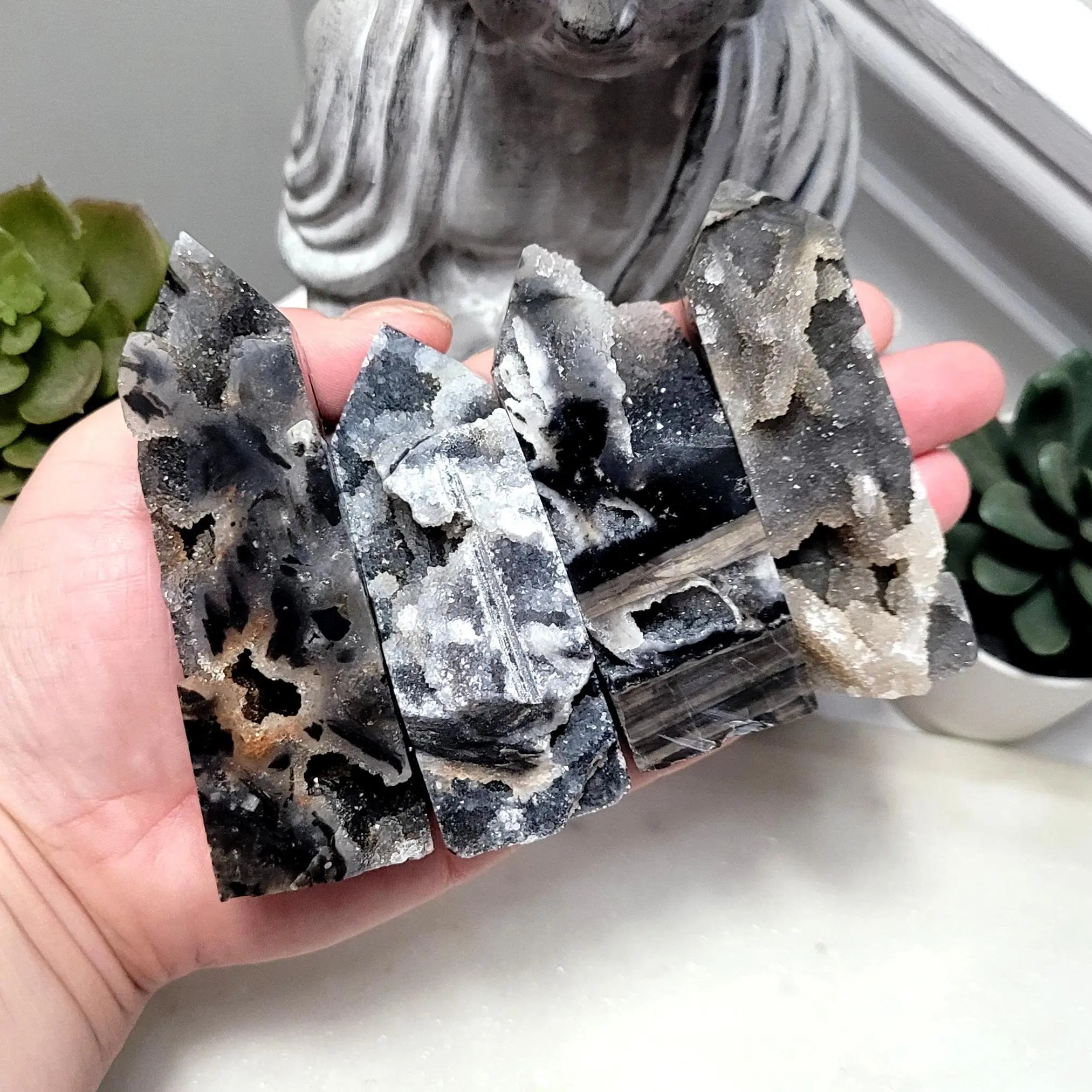 Natural Black Sphalerite Druzy Drusy Geode Healing Crystal Tower Point Obelisk Decor