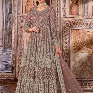 Rose Pink Embroidered Wedding Anarkali Suit Size 48 with Golden Zari Thread & Stone Work Net Gown Solid Santoon Bottom & Zari Border Dupatta