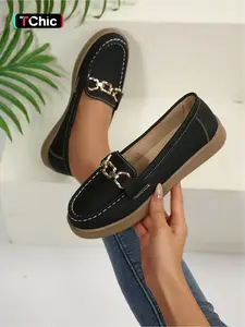 Women's Plus Size New Season Round-Toe Metal Buckle Slip-On Flat Shoes for Everyday Wear, Simple, Comfortable, Lightweight, Versatile Commuting Loafers