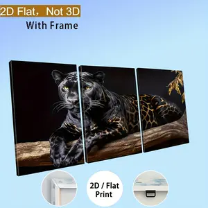 Wall decor, 3-piece framed decorative painting with wooden frame, Not/3D, the product is a flat/2D feature, large horizontal canvas wall art - vintage modern black panther animal print with gold accents, high-quality ink canvas poster suitable for living