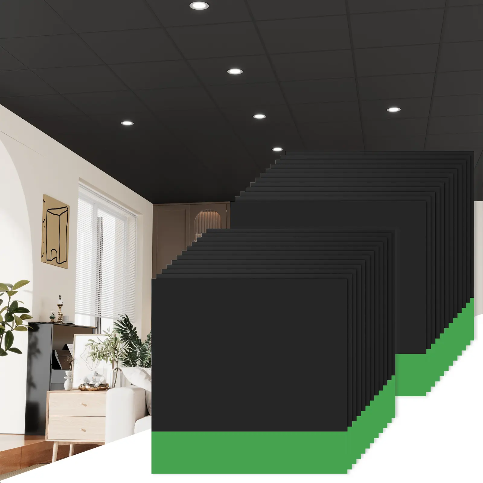 LOOYEE 24 PCS 24 x 24 Inch Black Drop Ceiling Tiles PVC Smooth Ceiling Panels Waterproof Fire-Rated to Prevent Breakage