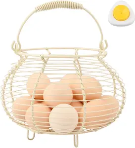 Wire Egg Basket for Gathering Fresh Eggs Holder,Retro Handle Egg Gathering Basket,Metal Eggss Holder-Countertop,Farmhouse-Eggs-Storage Container for Kitchen Easter Decor(White)