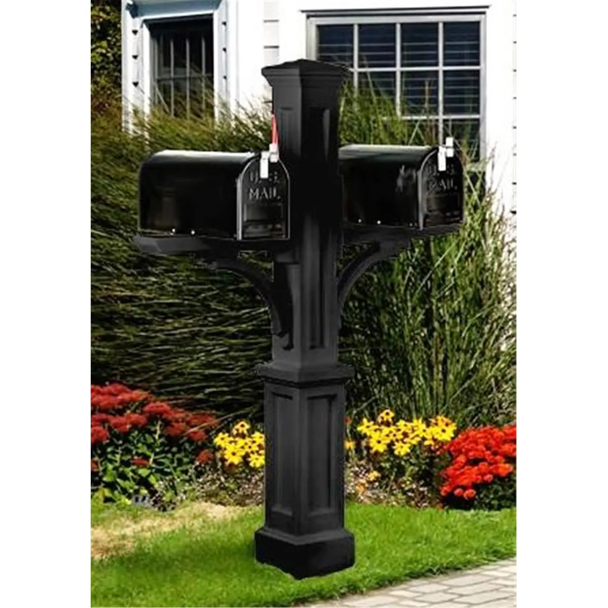 MAYNE 5814B Newport Plus Double Mailbox Post - Black, 2x Mailbox Support Arms, Easy to Install, HDPE Material, Less Than 7lbs, Long Lasting Protection, New England Styled, Optional Mayne No-Dig Ground Screw