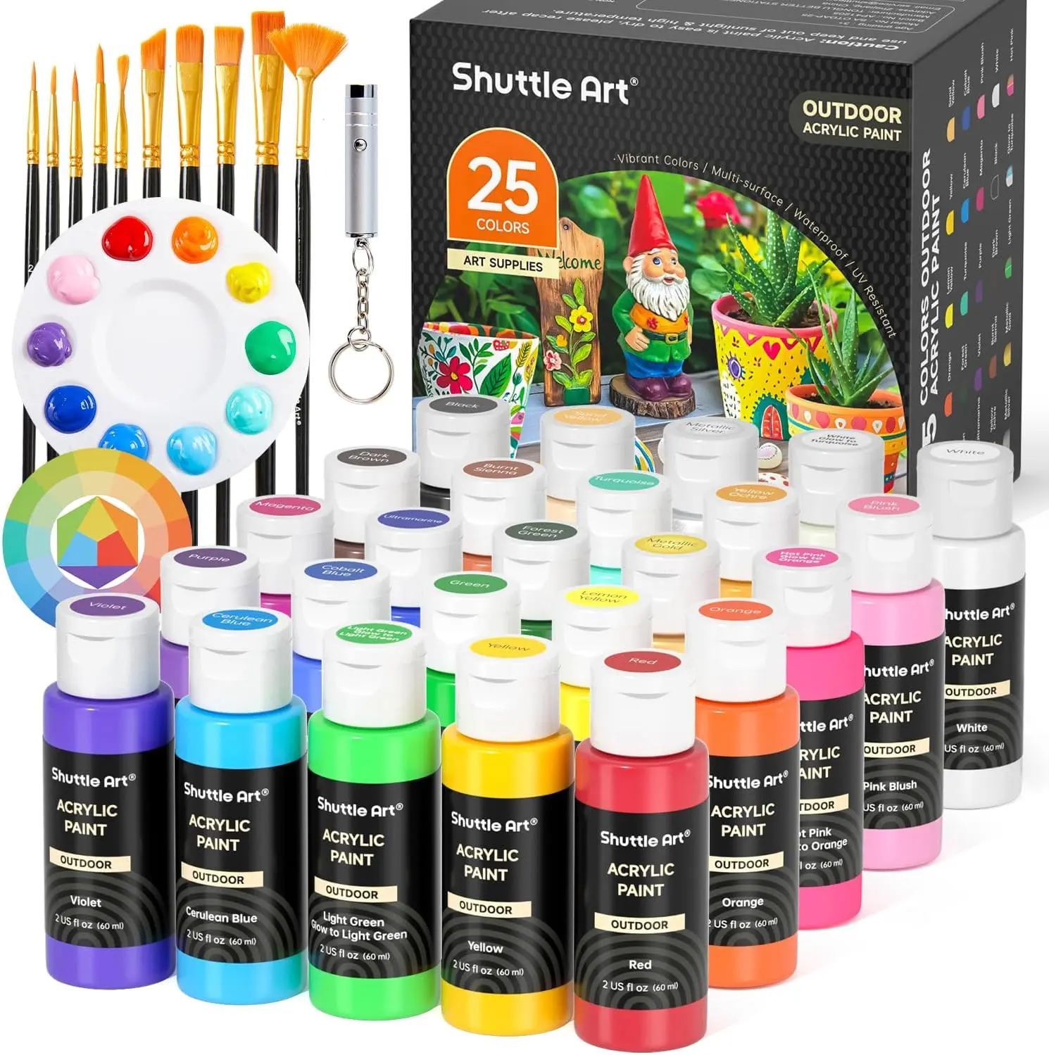 Shuttle Art Acrylic Art Kit - 12/25 Colors Outdoor 2oz/60ml Waterproof Fade Resistant Acrylic Paint Set, 10 Brushes, 1 Palette, Mini UV Light, Rich Pigmented Crafting Supply for Artists on Rocks, Wood Crafts