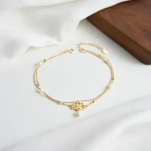 Glowing Lotus Hollow Anklet for Women, 925 Silver Double-Layer Bead Chain Anklet, Summer Beach Foot Accessory