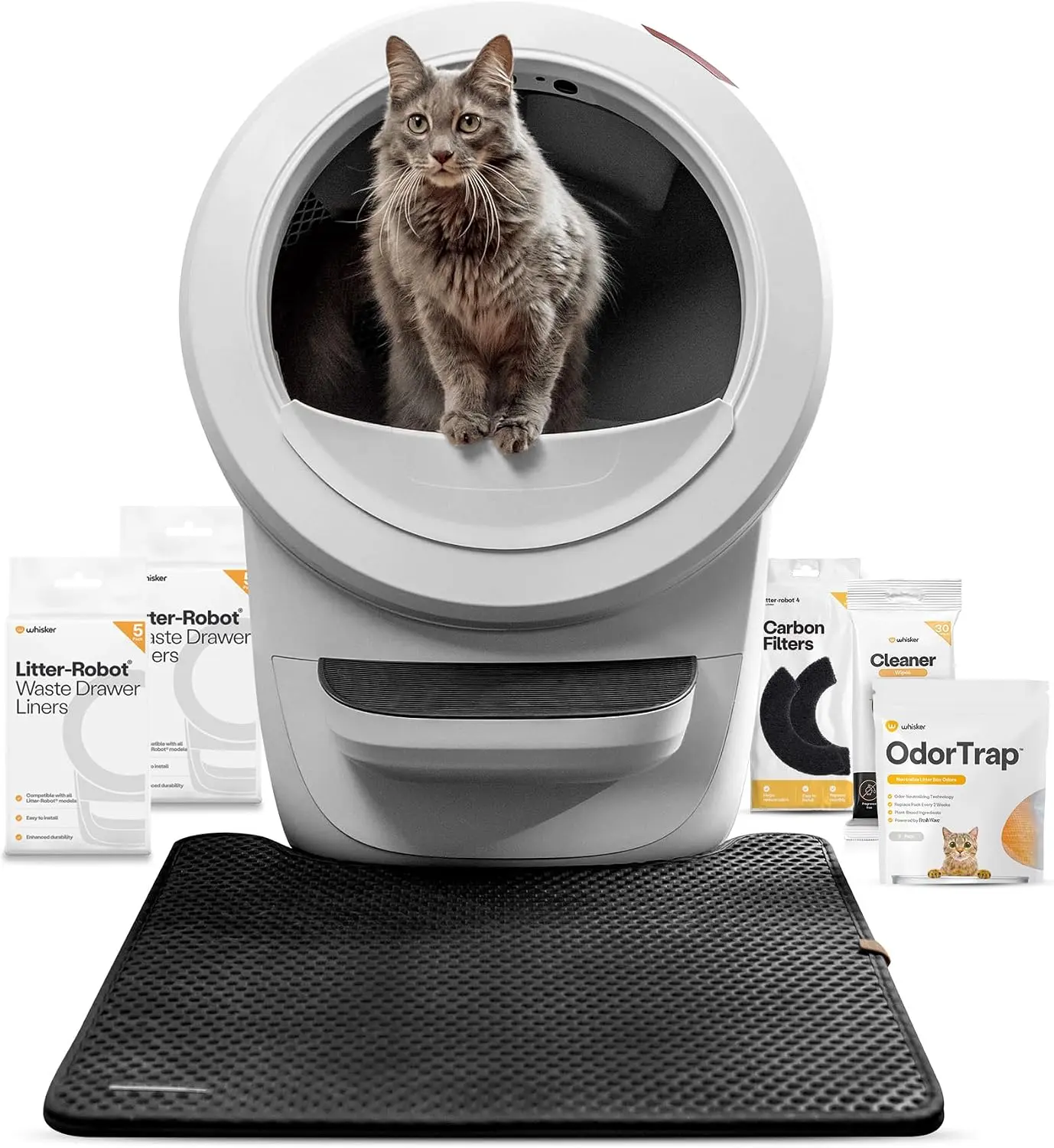 Whisker Litter-Robot 4 Supply & Accessory Bundle, Automatic Self-Cleaning Cat Litter Box, White, Includes Litter-Robot 4, Mat, 3 OdorTrap Packs, 10 Liners, 30 Wipes, and 2 Carbon Filters